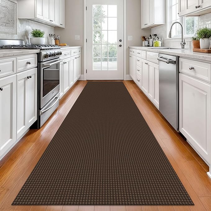 KOZYFLY Long Runners for Hallways 2.6x12 ft Washable Kitchen Runner Non Slip Rubber Backed Hallway Rugs Cotton Entryway Runner Rug Floor Carpet for Indoor Hall, Backdoor, Kitchen, Reddish Brown/Coffee