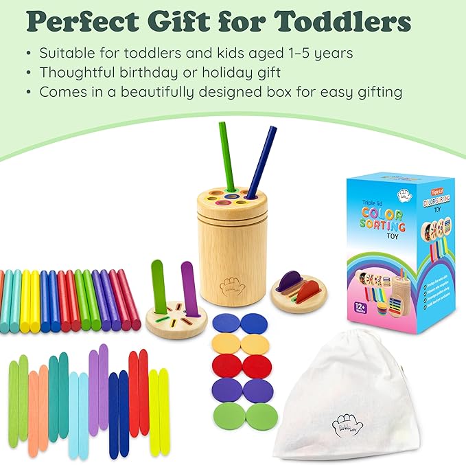 Bublo Baby Montessori Toy for 1–3 Year Olds – 46-Piece Wooden Color Sorting & Stacking Set – Fine Motor Skills Educational Preschool Toy – Travel-Friendly Montessori Gift for Toddlers Boys & Girls