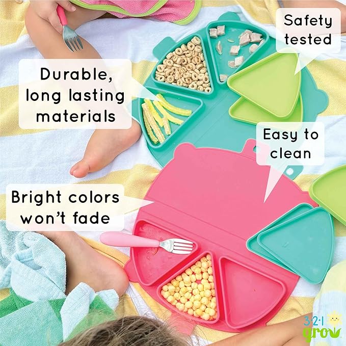 On-The-Go Snack Mat – Baby Silicone Travel Dining Placemat – Portable Silicone Toddler Plate – Reusable Snack Container with 3 Compartments and Lids for 6 Months + (Plum)