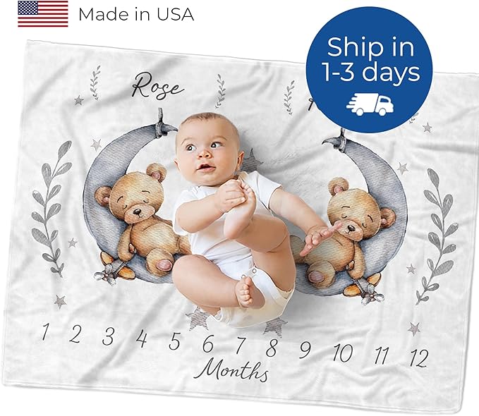 MDPrints Personalized Twin Milestone Blanket, Custom Monthly Baby Blankets with Name for Boys and Girls, 30x40 & 50x60inch Soft Plush Fleece (Teddy)