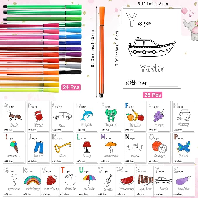 Geelin 51 Pcs Fun Baby Shower Game Activities First Abc Book Sign Coloring Game Card 26 Alphabet a to Z Coloring Card with 24 Watercolor Pen Storage Bag for Baby Shower Party(Pink Elephant)