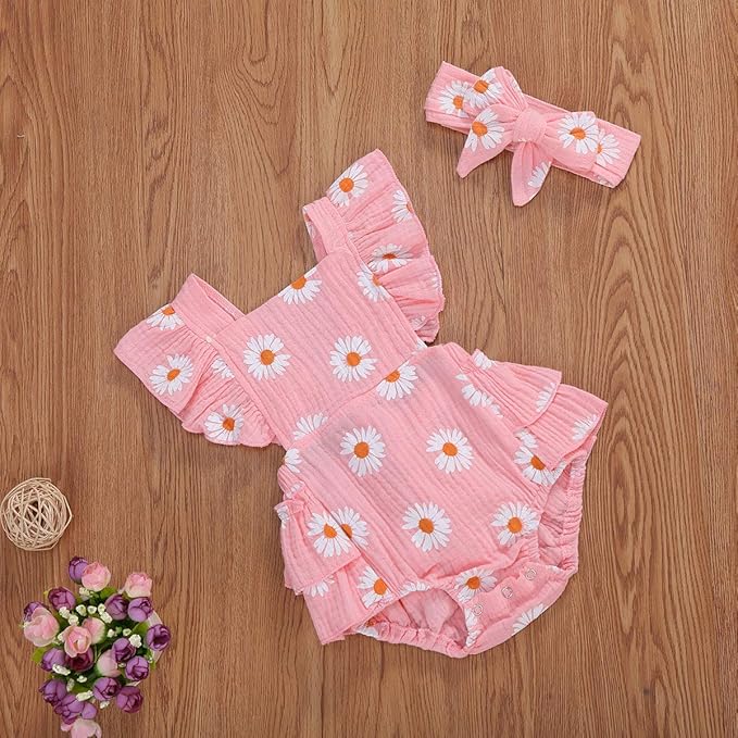 Baby Girls Floral Cotton Leotard Romper Newborn Daisy Playsuits Ruffled Sleeve Onesie Infant Jumpsuit Clothes Headband