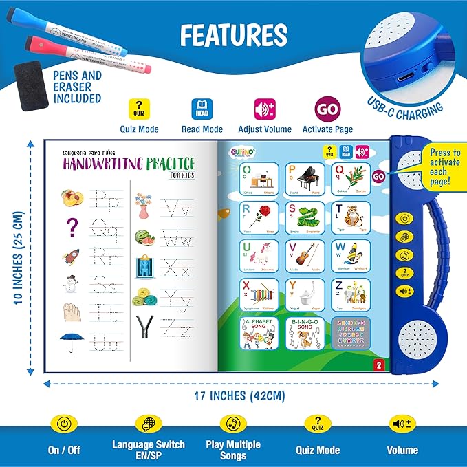 Gufino Spanish Learning for Kids: ABC Learning for Toddlers, Busy Book, Speech Therapy, Alphabet Sound Book, Preschool Learning Activities, Letter Tracing, English & Spanish, Learn Spanish for Kids