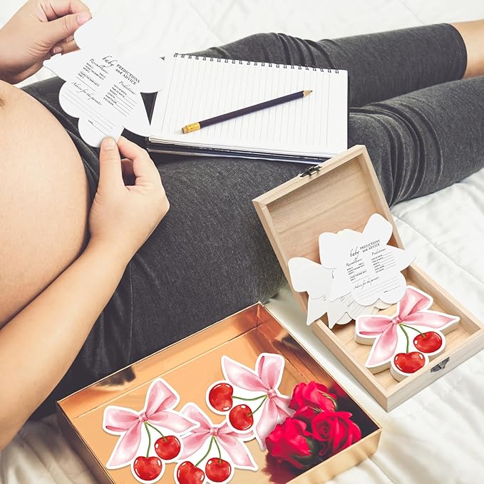 50 Pcs Cherry on Top Baby Shower Decorations Double Side Baby Predictions & Advice Cards for New Parents Cherry Shower Games with Cards Wooden Keepsake Box for Wishes Decorations