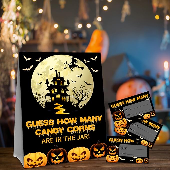 Halloween How Many Candy Corns Are In The Jar - 1 Standing Sign & 50 Guessing Cards - Halloween Funny Pumpkins Party Game & Decoration For Boys, Girls, Adults - Baby Shower, Birthday Game Set - A06