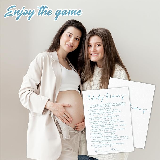 Baby Trivia Game Set For Baby Shower - Minimalism White & Blue - 30 Double-Sided Fill In Style Game Cards & 1 Answer Card For Gender Reveal, Baby Announcement, Party Favor & Supplies - C02