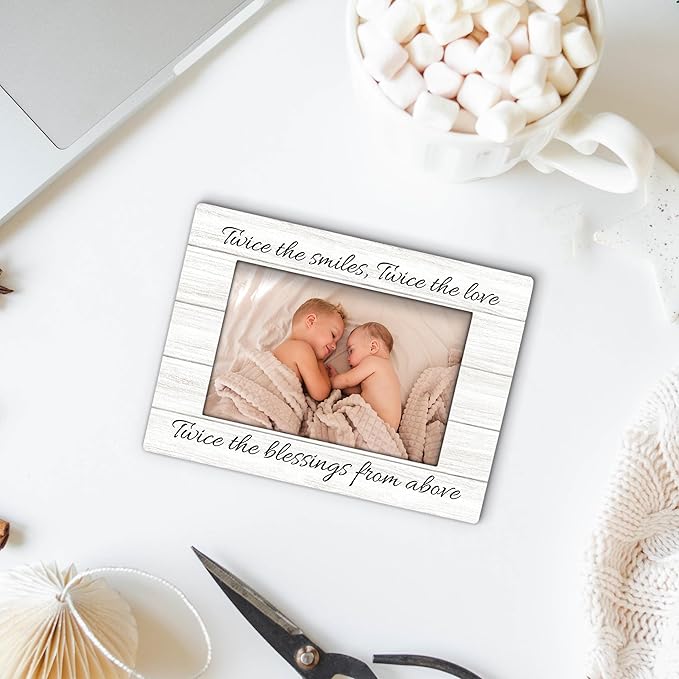 Twins Baby Items 4x6 Picture Frame, Twin Mom Gifts Wooden Picture Frame, Twins Baby Gifts for Girls Boys Mom, Twice the Blessings from Above Decorative Photo Frames for Table Desk Decor