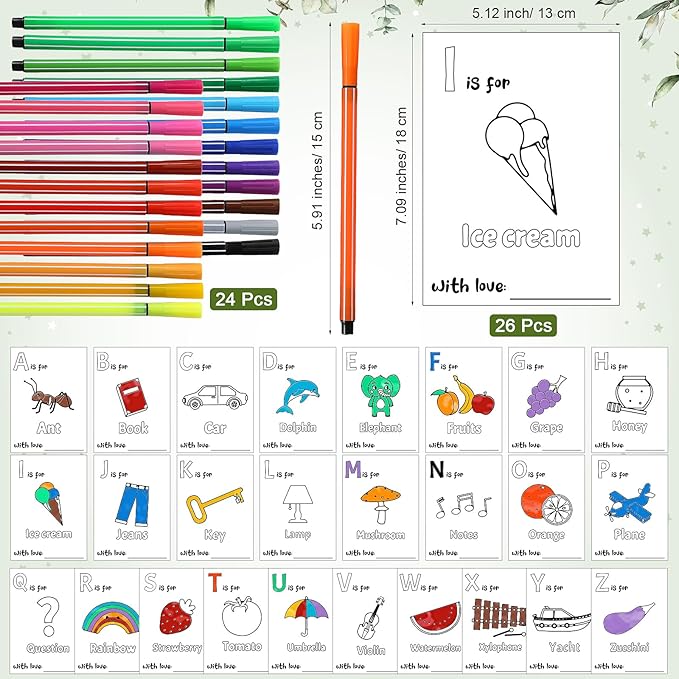 Geelin 51 Pcs Fun Baby Shower Game Activities First Abc Book Sign Coloring Game Card 26 Alphabet a to Z Coloring Card with 24 Watercolor Pen Storage Bag for Baby Shower Party(Greenery)