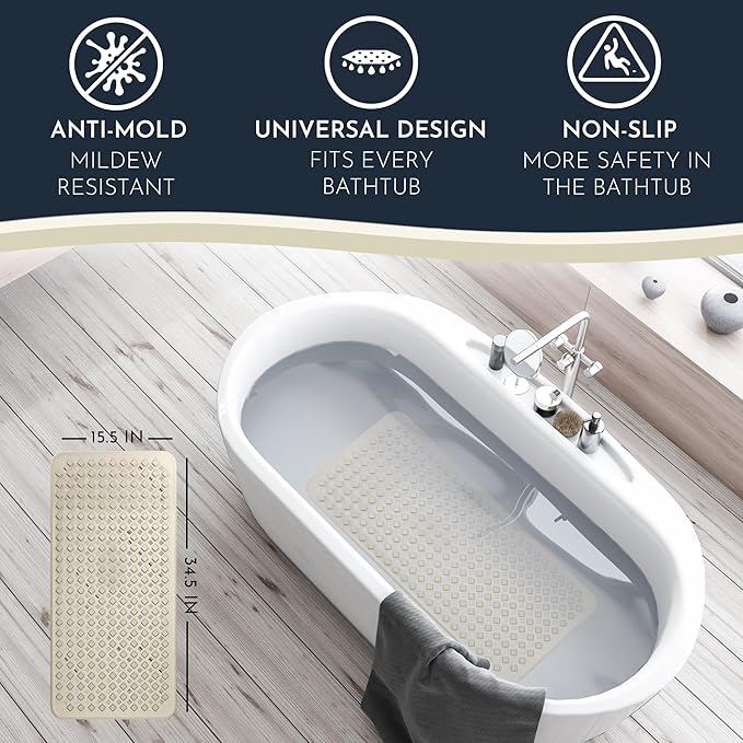 homerella® Bath Mat for Tub Non Slip Mold Resistant 35x16 - Shower Mat Anti Mold - Bath Mat Suction Cups incl. Hooks for Drying - Bathtub Mat Non Slip - ANI Slip Shower Mat Inside