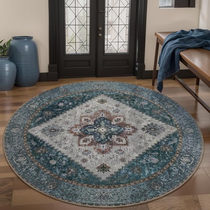 Ciicool Circle Boho Area Rug 4x4ft Round Washable Bedroom Non-Slip Vintage Entryway Throw Low-Pile Indoor Carpet for Living Room Foyer