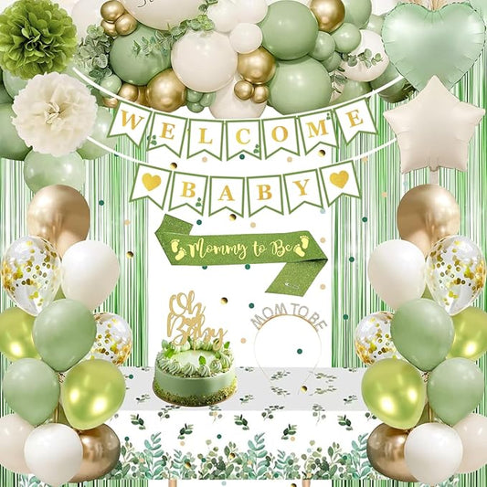Baby Shower Decorations, Sage Green Woodland Gender Neutral Baby Shower Decor with Welcome Baby Banner, Balloons, Fringe Curtain Tablecloth, Sash Tiara, Pom Poms, Gender Reveal Bday Party Decorations