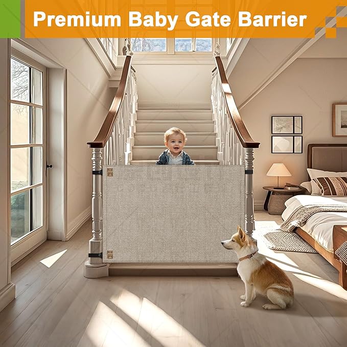 Baby Fabric Gate for Stairs Banisters - Dog and Pet Safety Barrier Gates for Stairway - No Drill Banister to Banister Baby Kids Gates for Stairs (Apricot, Wide 48" to 55" Height 34")