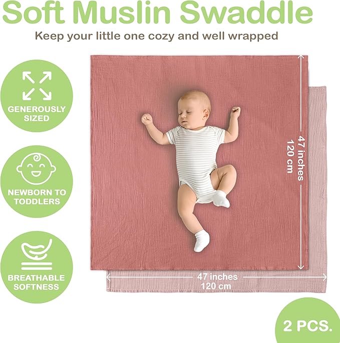 Organic Cotton Muslin Baby Blanket - 47x47 Inch Breathable Swaddle, Hypoallergenic Double-Layer, Versatile Use (Rose/Peach, 47x47 Inch)