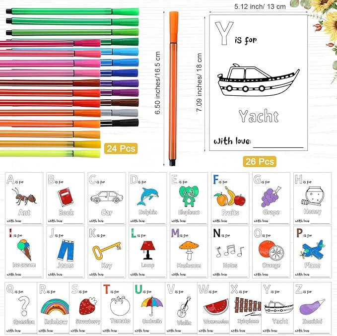 Geelin 51 Pcs Fun Baby Shower Game Activities First ABC Book Sign Coloring Game Card 26 Alphabet a to Z Coloring Card with 24 Watercolor Pen Storage Bag for Baby Shower Party(Sunflower)