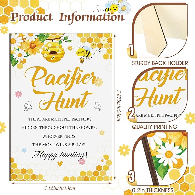 Thyle 51 Pcs Pacifier Hunt Baby Shower Games Include Hunt Sign and 50 Acrylic Pacifiers for Baby Shower Game Decoration Gift Sets Gender Reveal Party Decor(Bee)