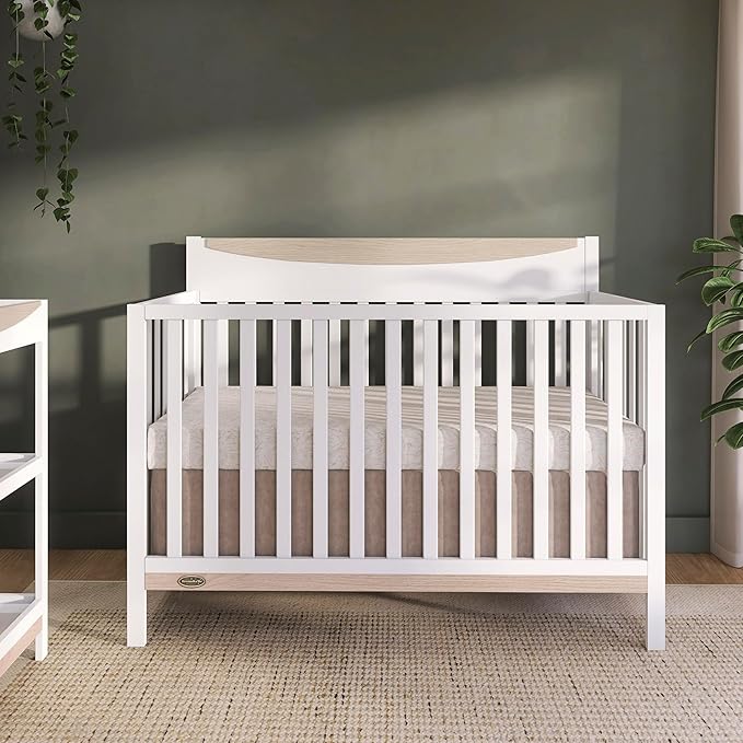 Dream On me Emerson 5-in-1 Convertible Full-Size Baby Crib in White & Vintage White Oak, GreenGuard Gold & JPMA, 3 Mattress Heights, Converts to Toddler, Day & Full-Size Bed