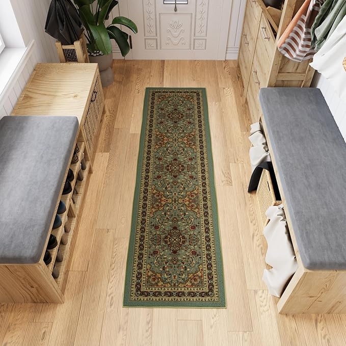Ottomanson Hallway Runner Rug 1'10" x 7' Non Slip Oriental Area Rugs Easy to Clean Laundry Rug Runner Durable & Pet Friendly Floor Carpet Runners for Hallways Entryway Kitchen, Seafoam Green