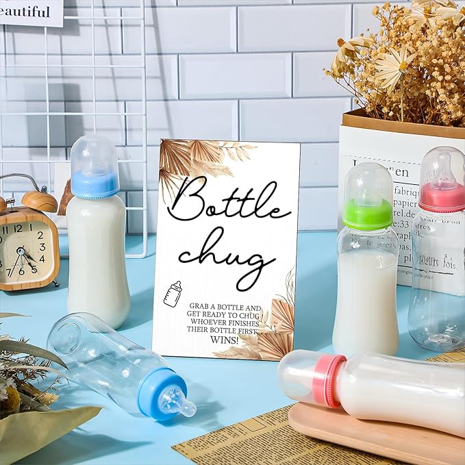 Roowest Bottle Chug Baby Shower Game Favors 12 Pcs Baby Bottles Shower Favor with 1 Wooden Sign for Gender Reveal Party Supplies Gifts(Boho)