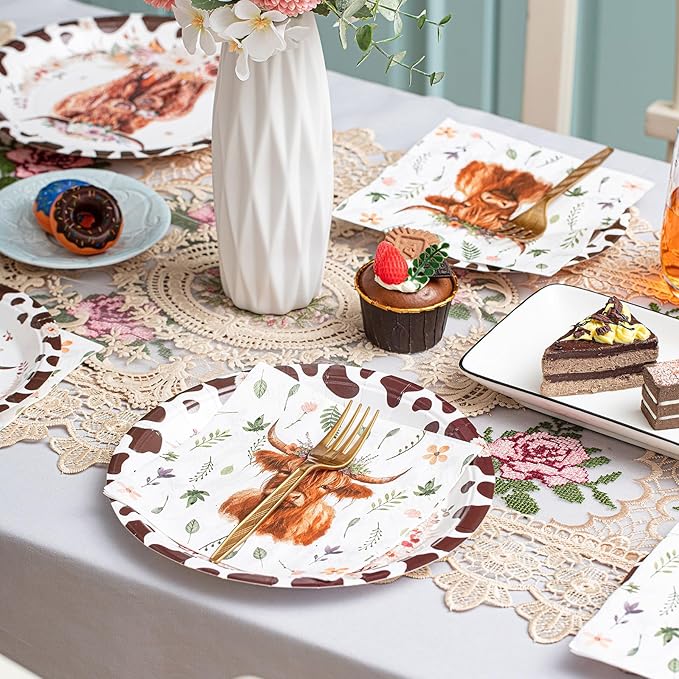 Domensi 200 Pcs Highland Cow Party Supplies for 50 Guests Include 100 Pcs Cow Print Plates 50 Napkins Paper 50 Forks Farm Animal Theme Party Tableware Kit for Birthday Baby Shower Decorations
