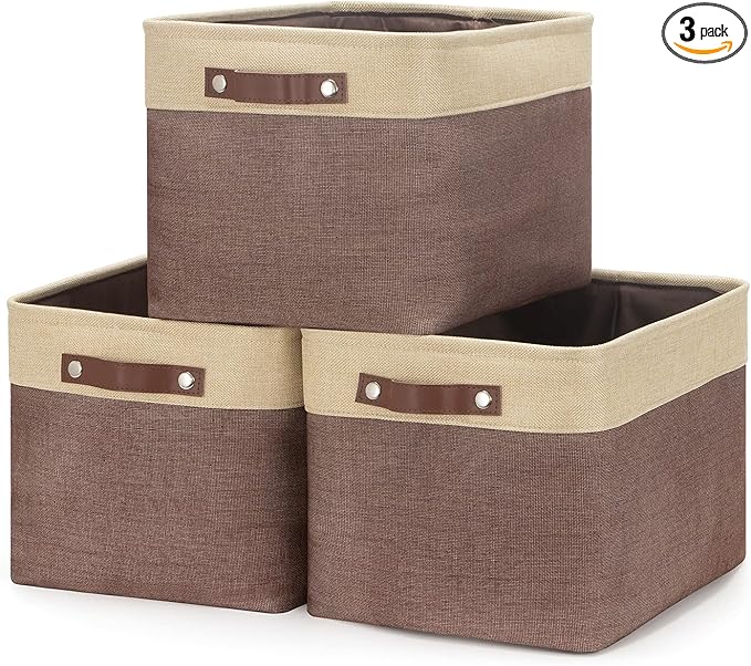 HNZIGE Large Fabric Storage Bins (3 Pack) Canvas Baskets for Storage Clothes Toys, Closet Baskets with Handles for Organizing Baby Nursery Closet Shelves Organization(Gold&Brown, 15" X 11" X 9.5")