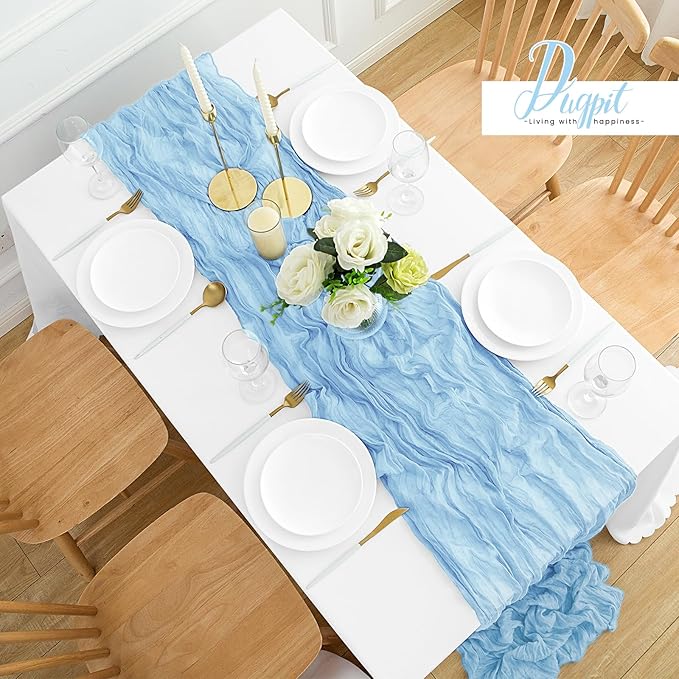 12Pack Baby Blue Cheesecloth Table Runner 35x120Inch Cheese Cloth Table Runners 10FT Boho Gauze Rustic Sheer Table Runner for Party Wedding Bridal Shower Baby Shower Decorations Boy Party Decor
