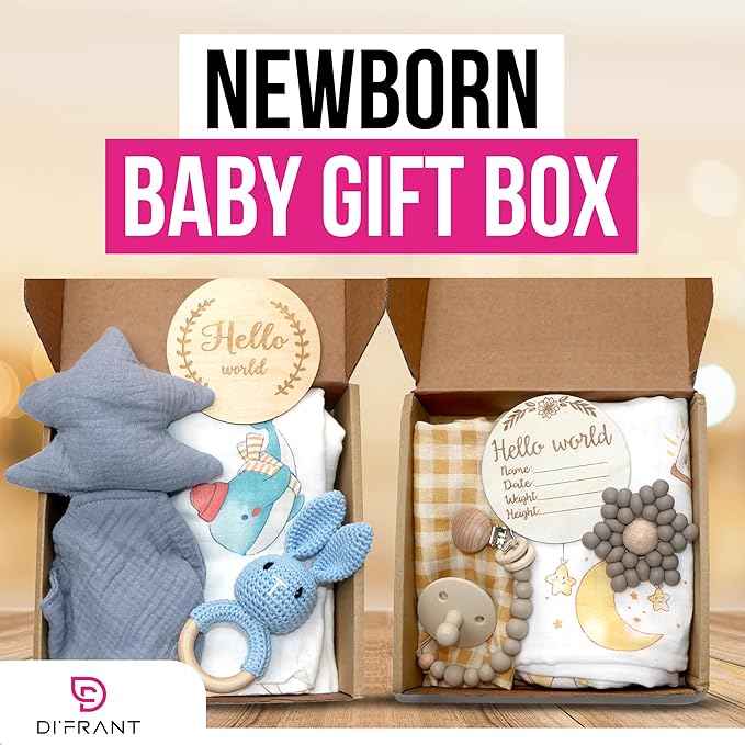 DI'FRANT Newborn Baby Gift Box | Educational Teething Toy & Soothing Crochet Rattle Set | 70% Bamboo & 30% Cotton | Perfect Baby Full Moon Gift in Eco-Friendly Kraft Box (White Checkered)