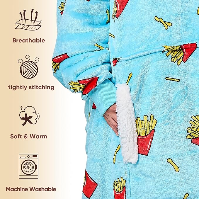 yescool Wearable Blanket Hoodie - birthday gifts for Adults/Women/mom, Flannel Cozy Sherpa Fleece Blanket Sweatshirt with Hood, Pocket & Sleeves, Large, One Size Fits All (Fries)