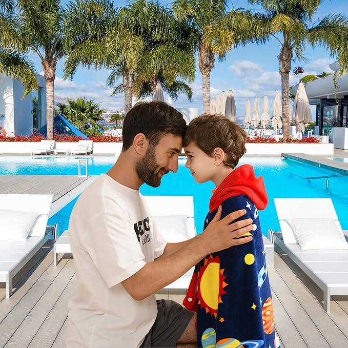 VOOVA & MOVAS Kids Hooded Towels Age 3-10, 30''X50,Soft | Thick | Absorbent Cotton Beach, Bath, Pool Towel | Wrap, Oversized for Boys Girls | Space Theme