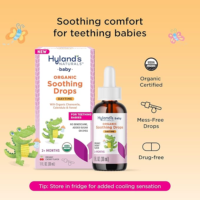 Hyland's Baby Organic Daytime Soothing Drops for Oral Discomfort, 1 oz, Ages 2 Months and up, Organic Cherry Flavor