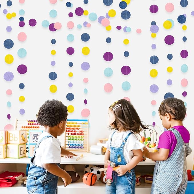 Oh Happy Day Decorations Navy Blue Yellow Purple Pink Boho Felt Circle Dot Garland Hanging Polka Dot Streamer for Classrooms Preschool Everyone is Welcome Homeschool Nursery Birthday Baby Shower Decor