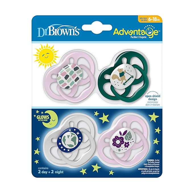 Dr. Brown's Advantage Glow-in-The-Dark Pacifier Bundle, 100% Silicone Baby Paci Symmetrical Soother, 6-18m, BPA Free, Pink 4 Pack and Blue 2 Pack