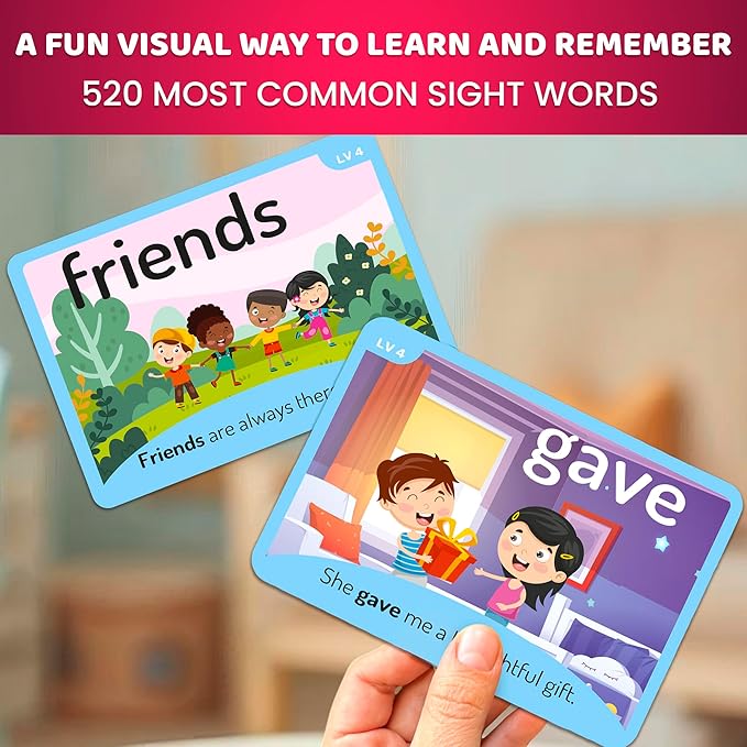 QUOKKA 520 Sight Words Flash Cards with Images & Sentences – Based on Dolch Sight Words Lists for Reading Fluency – Kindergarten Flash Cards for Pre-K to 3rd Grade - Color-Coded Vocabulary Set