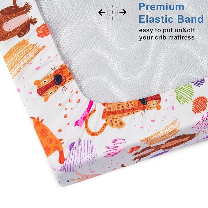 TILLYOU Baby Crib Sheets for Boys Girls, Super Soft Toddler Bed Sheets, 2 Pack Sheets for Standard Crib Mattress 28x52in, Animal Graffiti