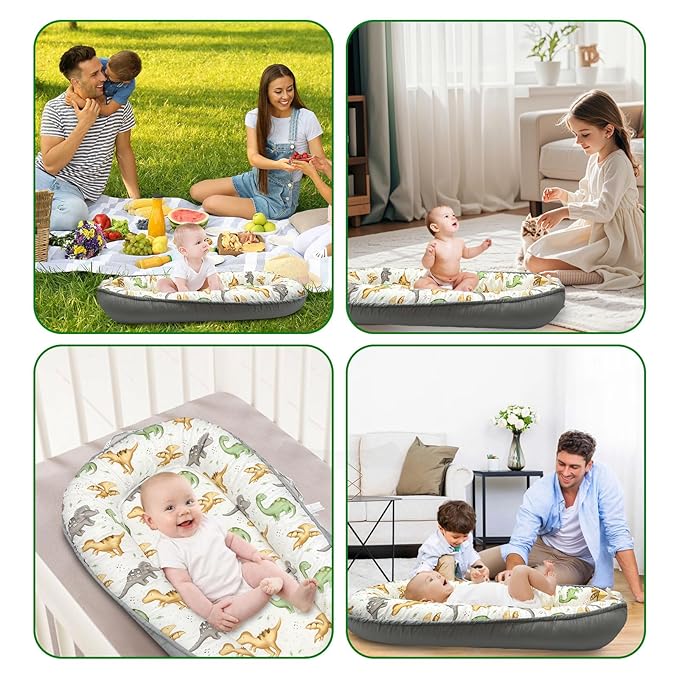 Baby Lounger for Newborn 0-24 Months, Baby Nest Cover Breathable and Soft Cotton, Infant Lounger with U-Shaped Safety Bumper for Cozy Comfort Essentials (Dinosuars)