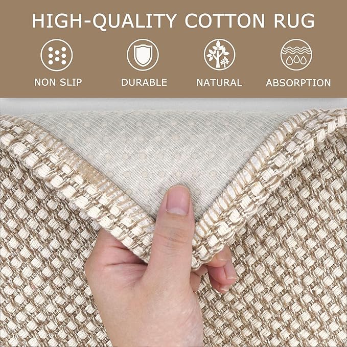 KOZYFLY Runners for Hallways 2x8 ft Washable Kitchen Runner Non Slip Rubber Backed Hall Runners Cotton Entryway Runner Rugs Floor Carpet for Indoor Backdoor Bedroom Kitchen, Ivory/Khaki