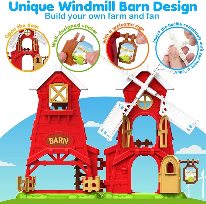 Toddler Toys for 1 2 3 Year Old Boys Girls, Big Red Windmill Barn Farm Animals Toy, Montessori Learning Toys for Toddlers 1-3, Ideal Birthday for Boy Girl Kids, Baby Toy 12-18 Months