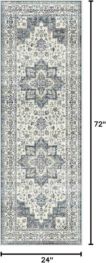 Dripex Runner Rug-2x6 Washable Distressed Hallway Oriental Medallion Carpet Runner Non-Slip Non-Shedding Kitchen Mat Foldable Thin Entry Throw Area Rug for Living Room Bedroom