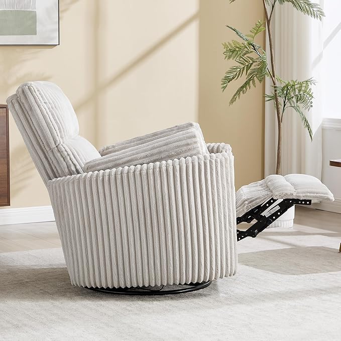 Recliner 360°Swivel Glider Rocking Manual Multifunction with Upholstered Nursery Adult Recliner Rocking Chair with 2 Pillows for Living Room Bedroom(LIGHTGREY Corduroy, Manual Operation)