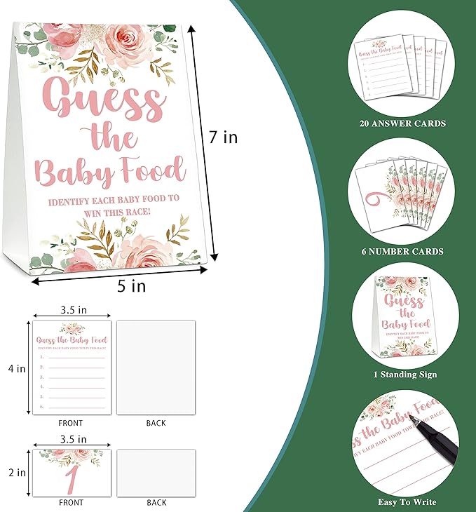 Baby Shower Game Set, Find The Baby Food Party Games(1 Standing Sign + 20 Answer Cards + 6 Number Cards), Floral Shower Games, Blush Pink Gender Reveal Party Favor Decor(A02)