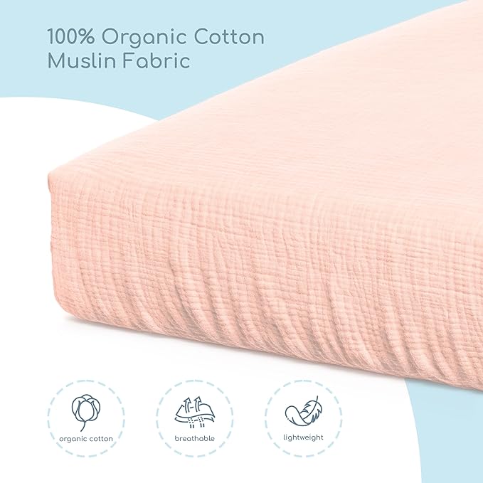 Muslin Crib Sheets, 100% Organic Cotton, Breathable and Ultra-Soft, Standard Crib Sheet Mattress (28"x 52") for Girls and Boys, Neutral Fitted Baby Crib Sheet (Apricot)