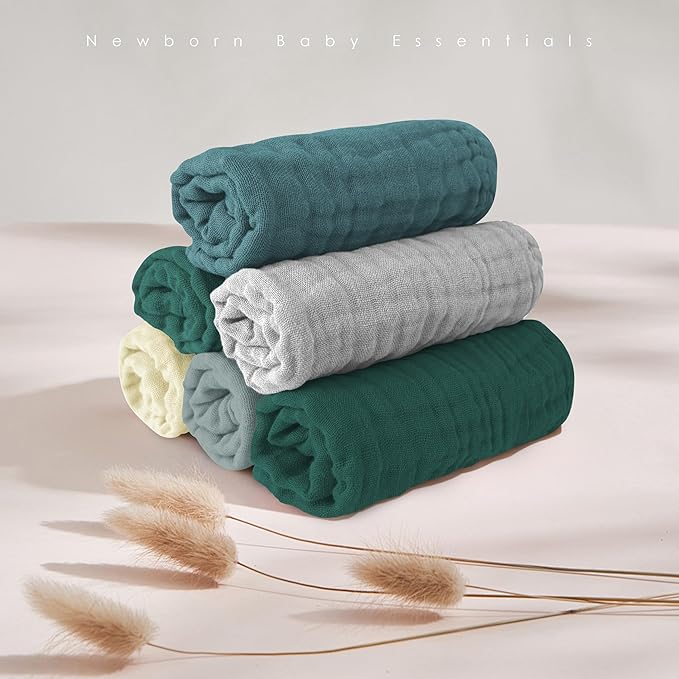 MOON PARK Baby Washcloths, 12 Pack - 12x12 Inches, Small Burp Cloths and Baby Wipes - 100% Cotton Muslin Ultra Soft for Newborn, Infant and Toddlers - Ivory, Slate and Emerald Series