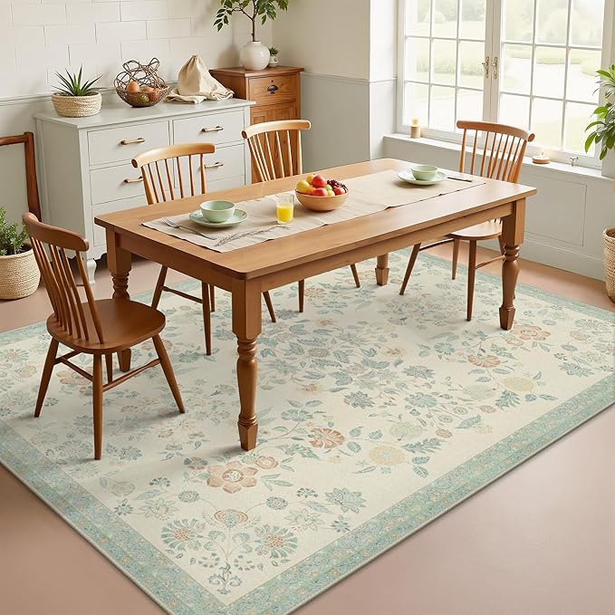 GENIMO 8x10 Area Rugs for Living Room, Machine Washable Non Slip Vintage Rugs, Low Pile Lightweight Chenille Print Rug for Bedroom, Dining Room, Home Office, Beige/Green