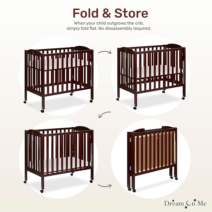 Dream On Me 3 In 1 Portable Folding Stationary Side Crib In Espresso, Greenguard Gold Certified, Safety Wheel With Locking Casters, Convertible, 3 Mattress Heights