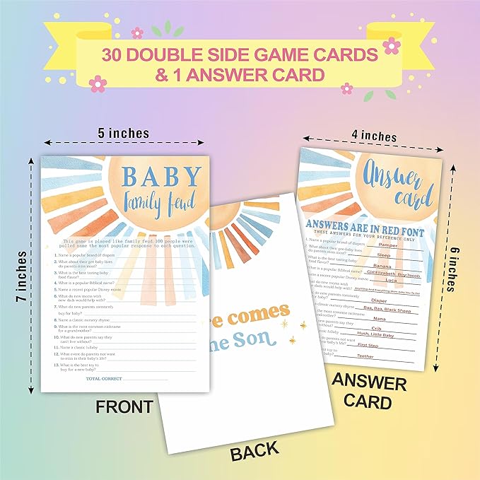 Baby Family Feud - Retro Sunshine Baby Shower Game Set - 30 Game Cards + 1 Answer Cards - Watercolor Sun Theme Baby Shower Game Kit, Gender Reveal, Baby Announcement Party Favor & Supplies - A05