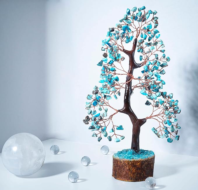 Crocon Turquoise Gemstone Tree Feng Shui Figurine Money Bonsai Good Luck Chakra Balancing Reiki Healing Crystals Decoration Ornament Sculpture Prosperity Table Decor Gift Size 10-12"
