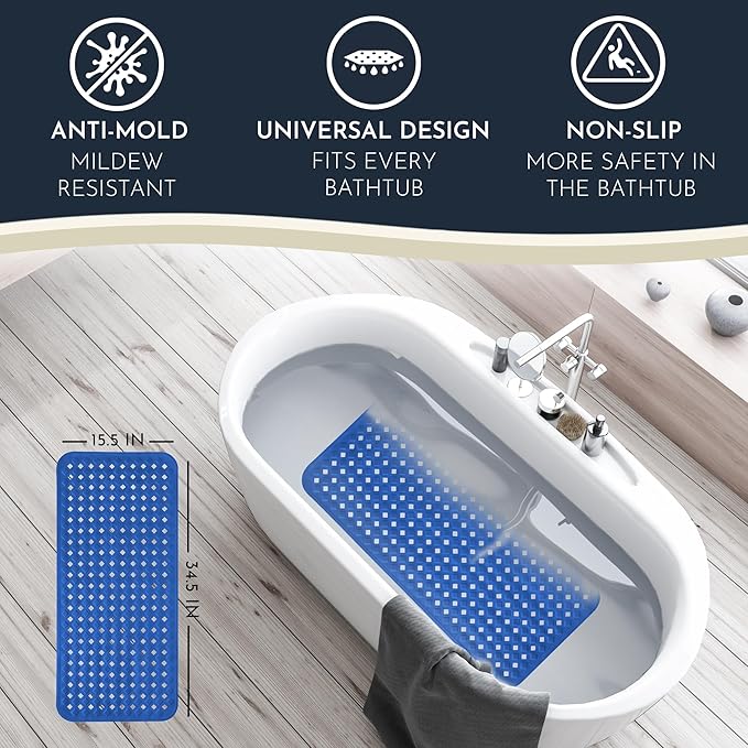 Homerella Bathtub Mat Anti-Slip Skin Sensitive 34.5 x 15.5 Inches, Royal Blue, Vinyl