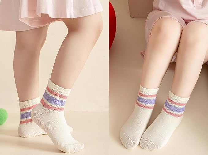 Toddler Grip Socks with Non-Slip, Unisex Baby Retro Stripe Seamless Crew Ankle Cotton Socks for Girls Boys 6 Pairs