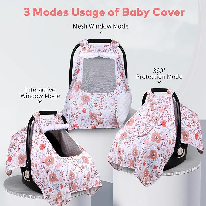 Car Seat Cover Baby, Carseat Covers Baby with 2 Layers Breathable Zipper Windows, Windproof Infant Car Seat Cover, Kick-Proof Baby Carrier Cover for Baby Girl Newborn Essentials
