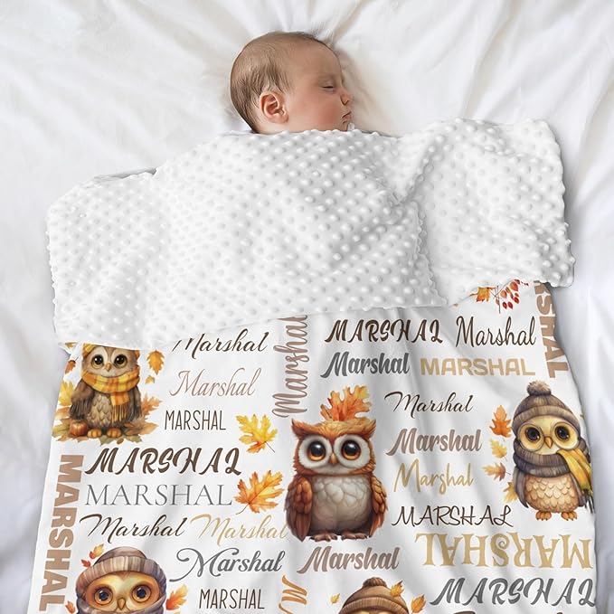 Personalized Baby Blanket for Boys Girls Owl Custom Baby Blankets with Name Dotted Backing Customized Gifts for New Mom Customize Baby Blanket for Kids Newborn Birthday