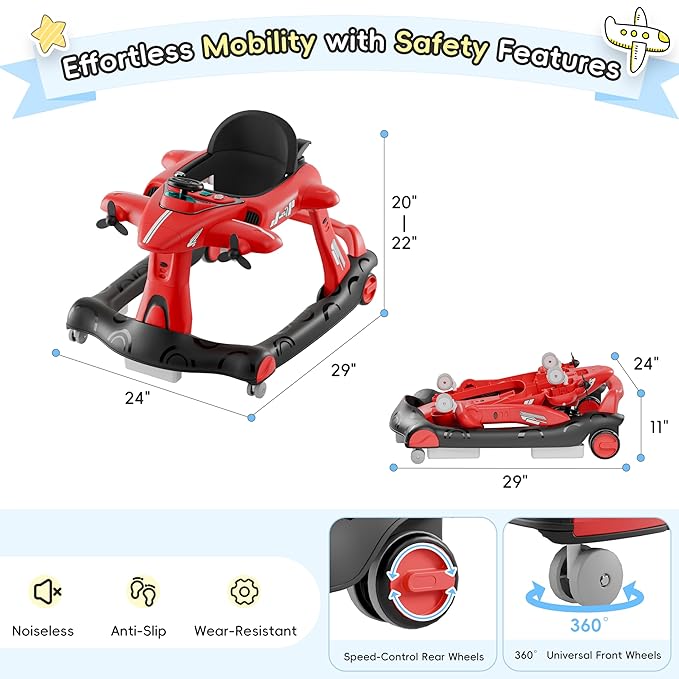 Xilingol 6-in-1 Baby Walker with Wheels, Adjustable Height & Speed Activity Walker with Padded Seat, Foldable Walker for Babies, Toddler Push Walkers for Boy & Girl 6-18 Months, Music & Light